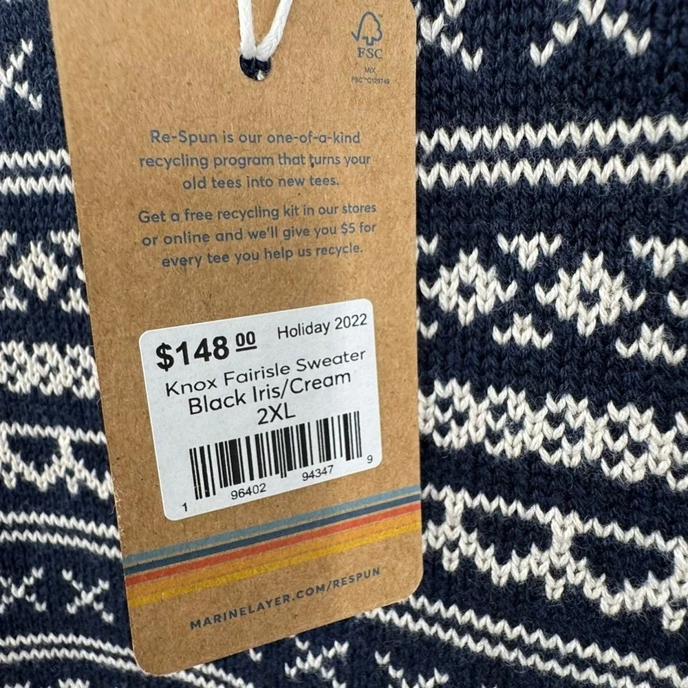 Marine Layer Knox Fair Isle Knit Sweater Black‎ Iris Cream Men's XXL Pullover